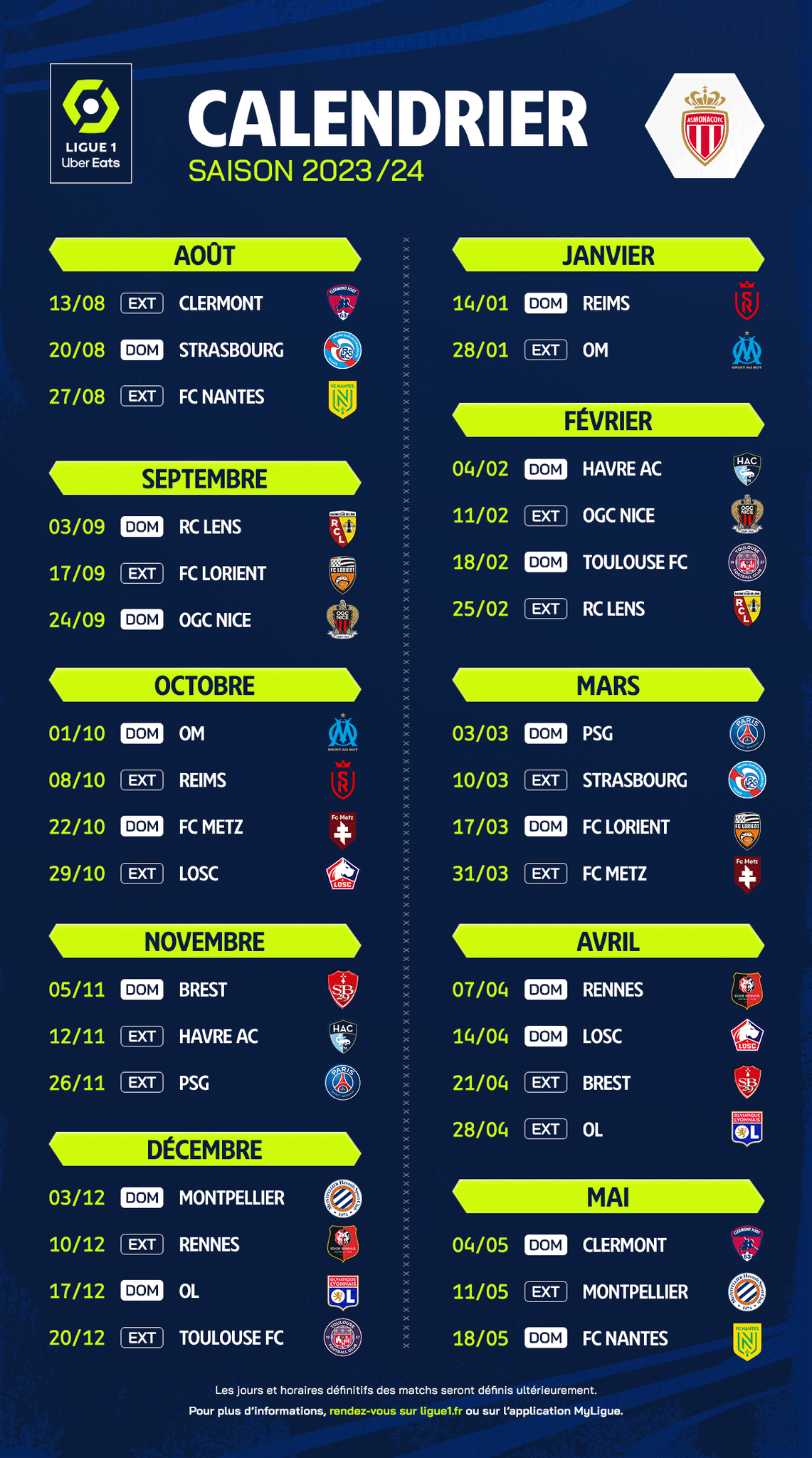 Calendier de l'AS Monaco pour la Ligue 1 2023-24